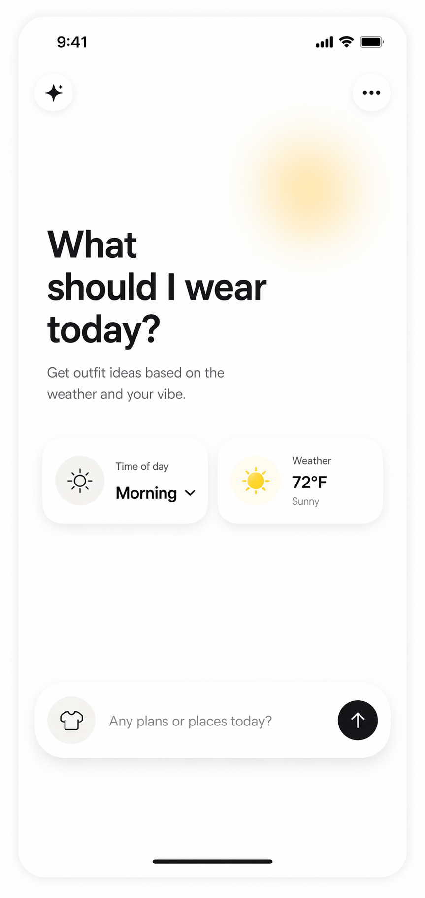 StyleDrop screen asking what the user should wear, with time, weather, and daily-plan inputs.