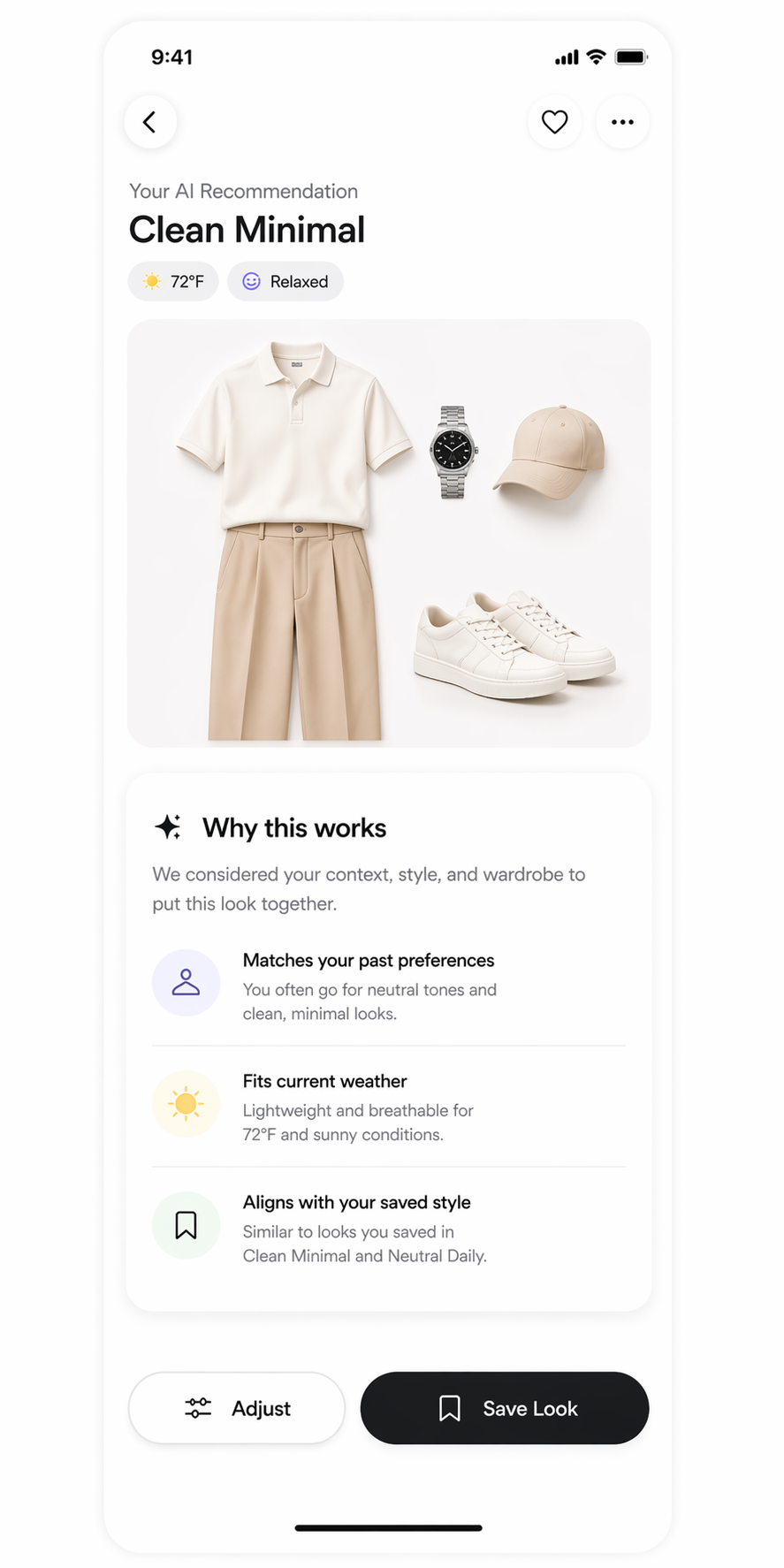 StyleDrop recommendation explaining how preferences, weather, and saved styles influenced an outfit.