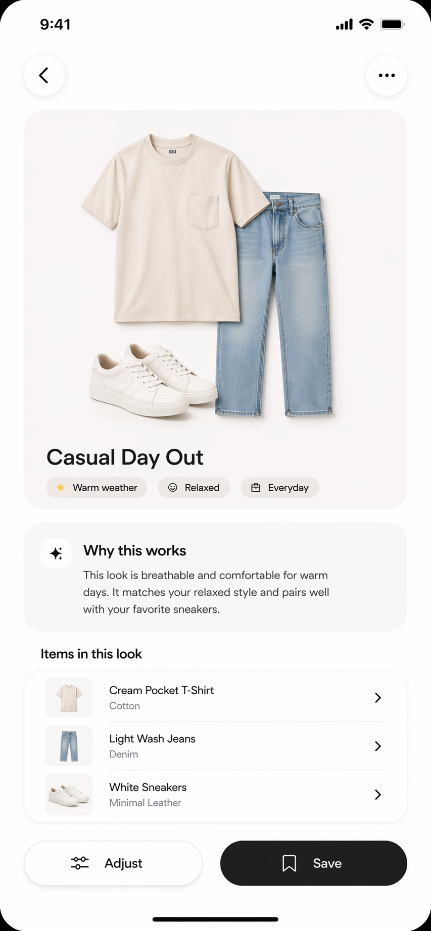 Detailed casual outfit recommendation with explanation and individual wardrobe items.