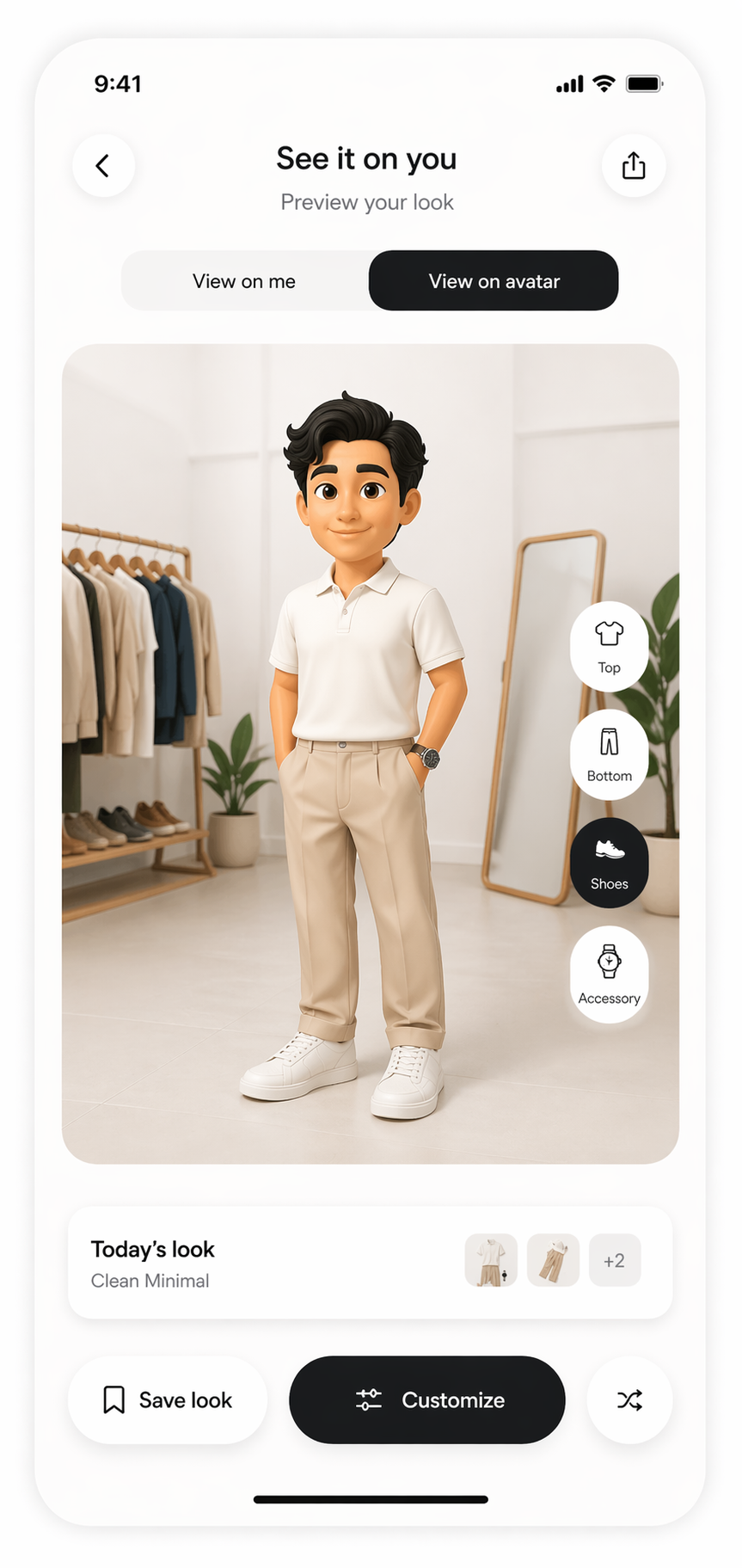 StyleDrop avatar preview wearing a neutral polo, trousers, and sneakers.