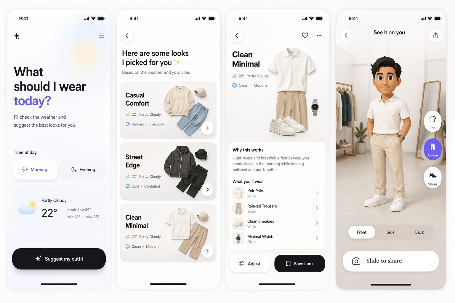 Multiple StyleDrop screens showing context input, recommendations, outfit explanation, and avatar preview.