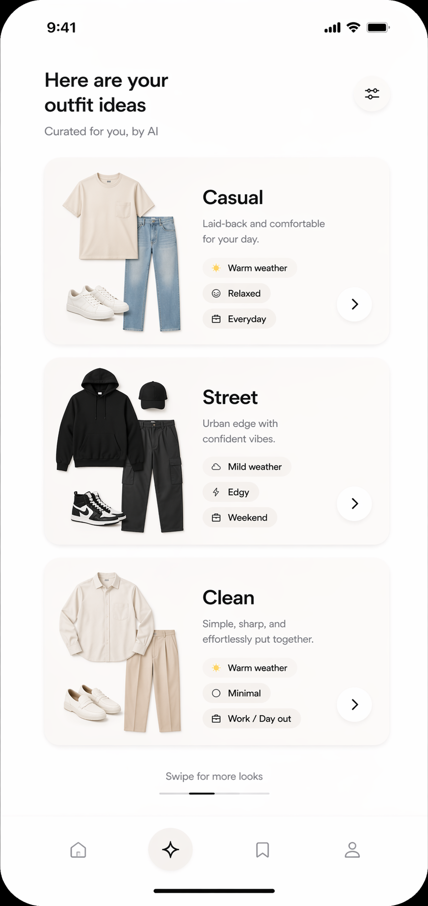 StyleDrop displaying casual, street, and clean outfit recommendations.
