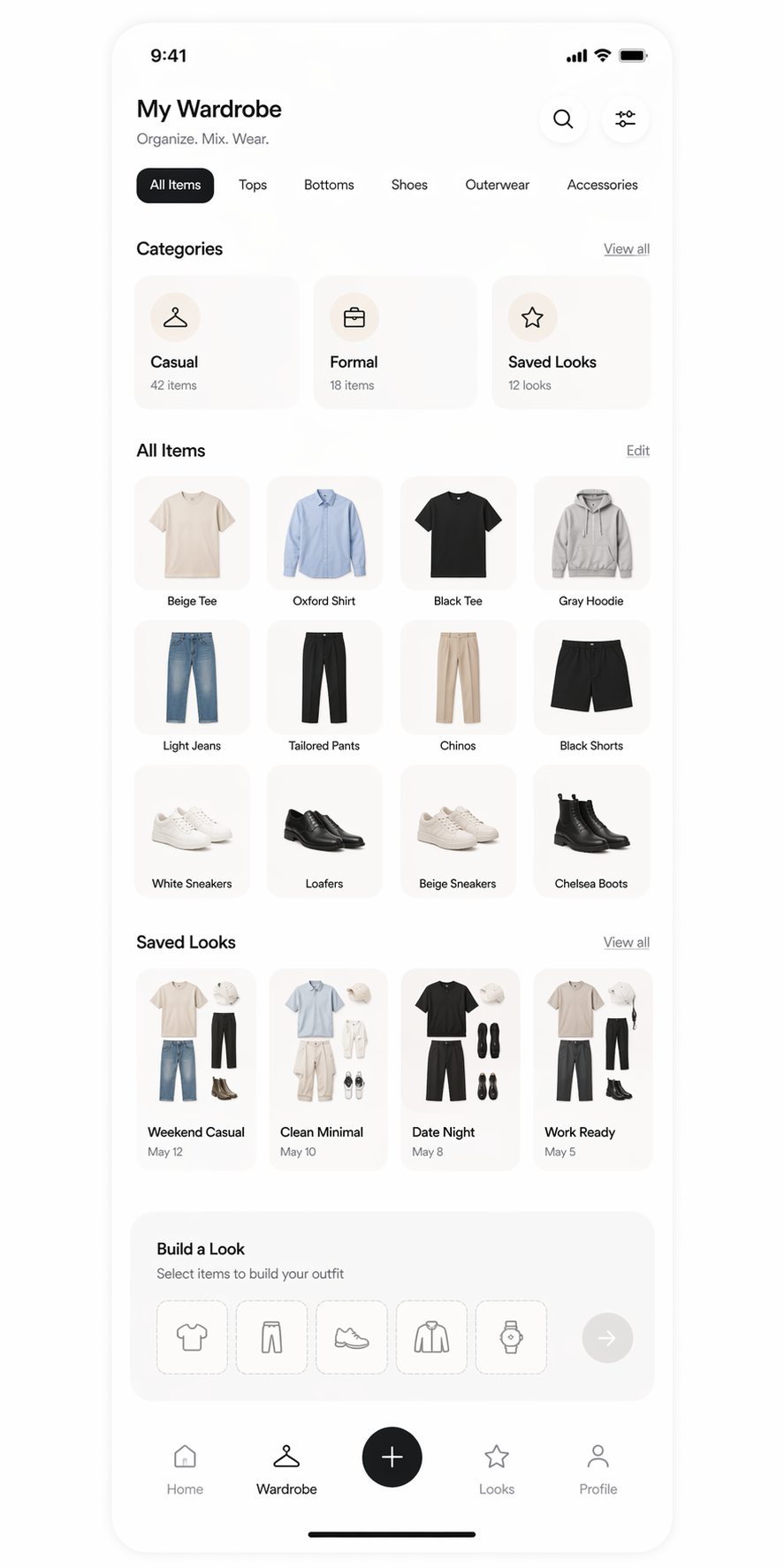 Digital wardrobe organized into clothing categories, individual items, saved looks, and an outfit builder.